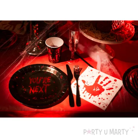 dekoracje stolu na halloween talrzyki papierowe jednorazowe youre next krwawe czarne 23 cm x6