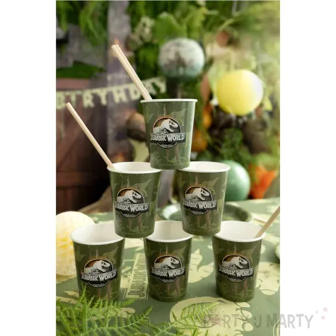 dekoracje stolu na urodziny dino party kubeczki papierowe jurassic world zielone 250ml x6