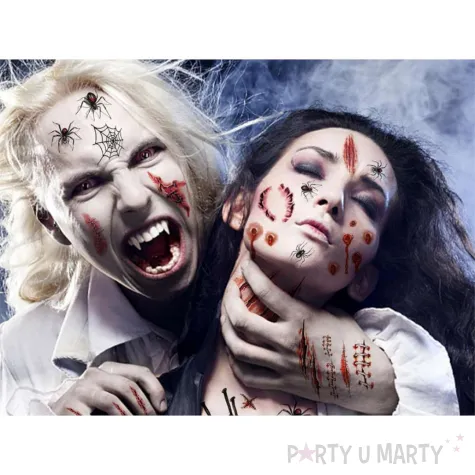 dodatek do stroju makijaz na halloween wodne tatuaze zmywalne czaszka nietoperze rany
