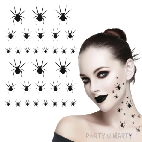 dodatek do stroju makijaz na halloween wodne tatuaze zmywalne pajaki czarne 32 szt