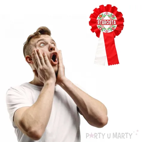dodatek do stroju na dozynki gminne kotylion starosta bialo czerwony przypinka