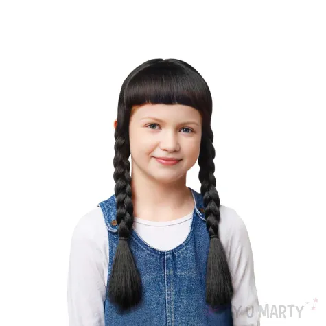 dodatek do stroju na halloween czarna peruka z warkoczami i grzywka wednesday addams cosplay