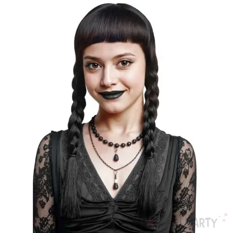 dodatek do stroju na halloween czarna peruka z warkoczami i grzywka wednesday addams cosplay