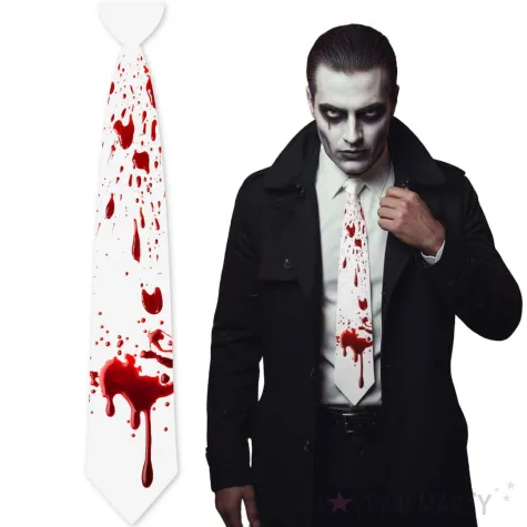 dodatek do stroju na halloween krawat ze sladami krwi bialy zakrwawiony 43 cm