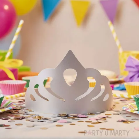 dodatek do stroju na karnawal papierowa opaska na glowe tiara diadem ksiezniczki srebrna 3 szt