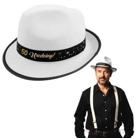 dodatek na 50 urodziny kapelusz glamour birthday bialy z lamowka