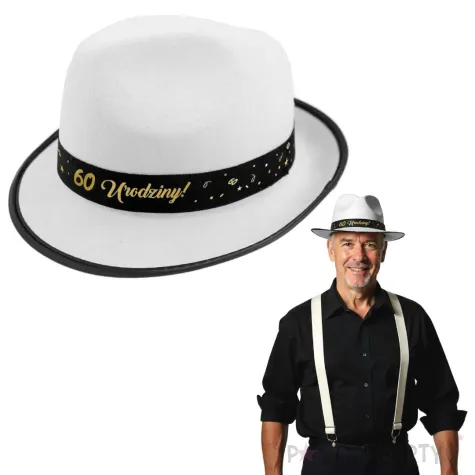 dodatek na 60 urodziny kapelusz glamour birthday bialy z lamowka