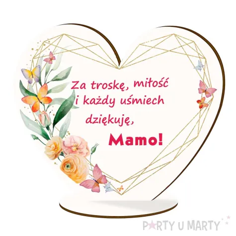 drewniana figurka serce z podstawka kwiaty i motyle prezent na dzien matki 15x13 cm