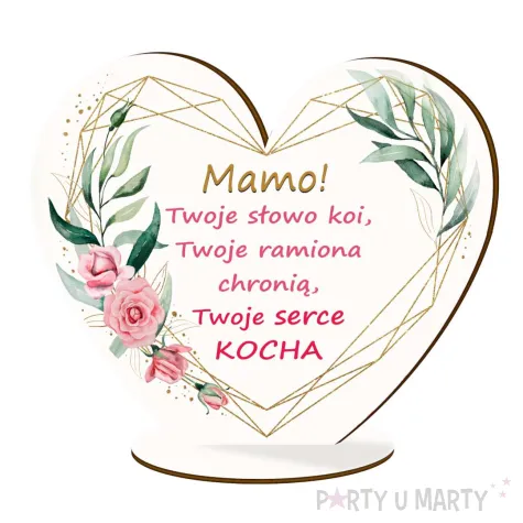 drewniana figurka serce z podstawka rozowe kwiaty i liscie prezent na dzien matki 15x13 cm
