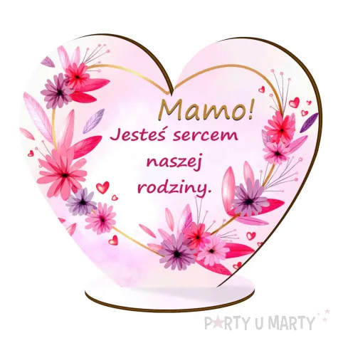 drewniana figurka serce z podstawka rozowe kwiaty prezent na dzien matki 15x13 cm