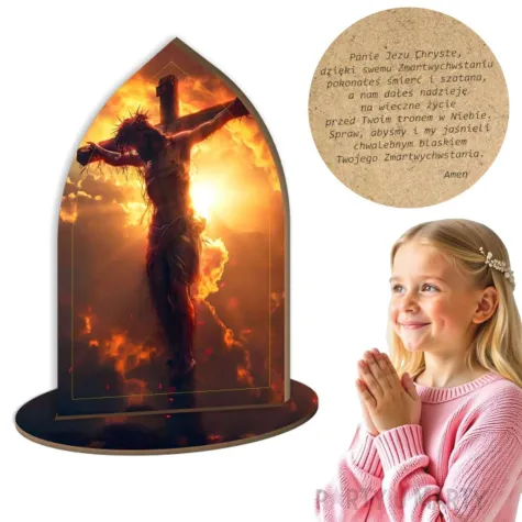 drewniana figurka z modlitwa pan jezus na krzyzu dekoracja na wielkanoc 13 x 8 cm