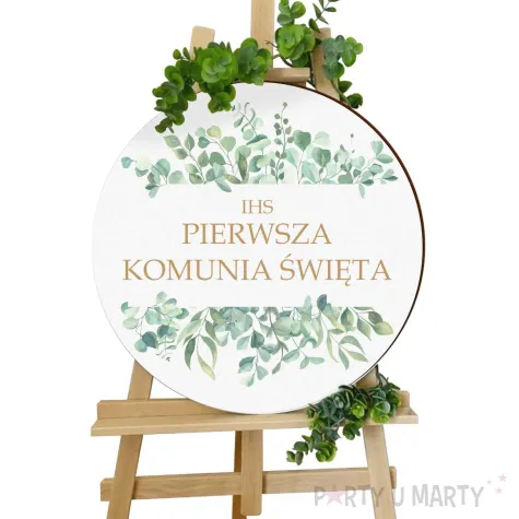 drewniana tablica powitalna komunia swieta eukaliptus beauty lux dekoracja sali powitanie
