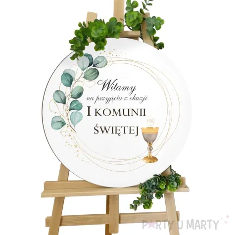drewniana tablica powitalna komunia swieta eukaliptus z hostia dekoracja sali powitanie gosci