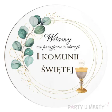 drewniana tablica powitalna komunia swieta eukaliptus z hostia dekoracja sali powitanie gosci