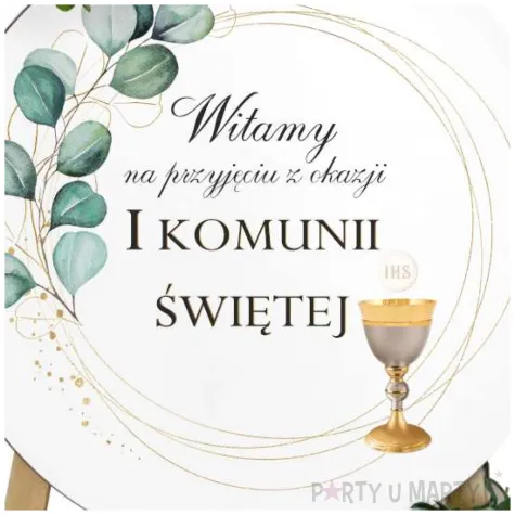 drewniana tablica powitalna komunia swieta eukaliptus z hostia dekoracja sali powitanie gosci