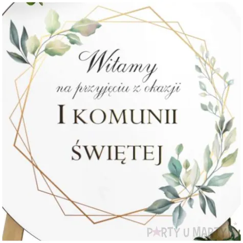 drewniana tablica powitalna komunia swieta mietowa geometria dekoracja sali powitanie gosci 3