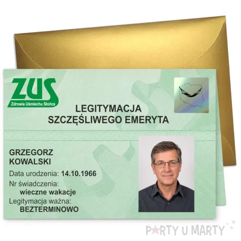 duza personalizowana kartka prezent z okazji przejscia na emeryture legitymacja zus koperta
