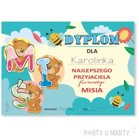dyplom najlepszego przyjaciela misia mis i literki a5 5 szt