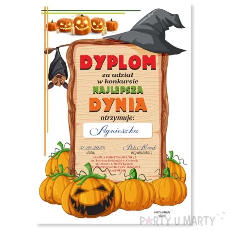 dyplom za udzial w konkursie najlepsza dynia kapelusz a5 5 szt