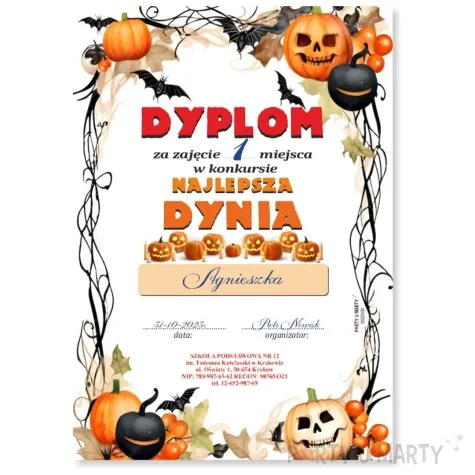 dyplom za zajecie miejsca w konkursie najlepsza dynia mix a5 5 szt
