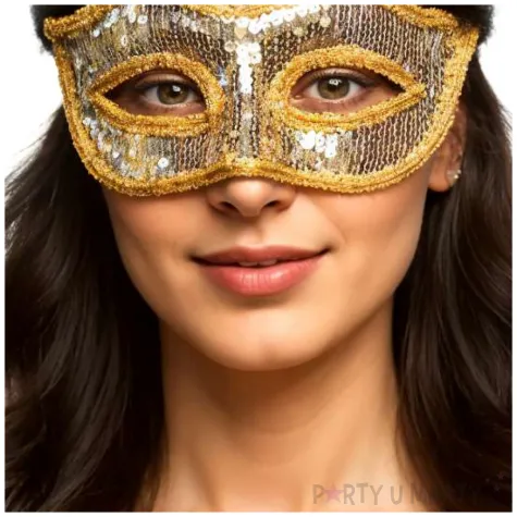 elegancka zlota maska wenecka z cekinami dodatek do stroju na karnawal