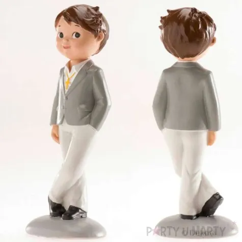figurka na tort komunia chlopiec w szarej marynarce dekora 15 cm