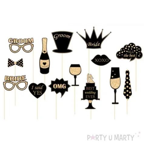fotogadzety patyczki slubne rekwizyty czarno zlote partypal 14 szt
