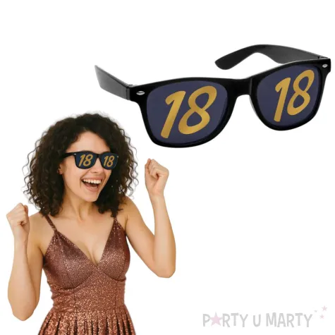imprezowe okulary na osiemnastke czarne ze zlota liczba 18