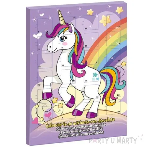 kalendarz adwentowy jednorozec z czekoladkami fioletowy dekora