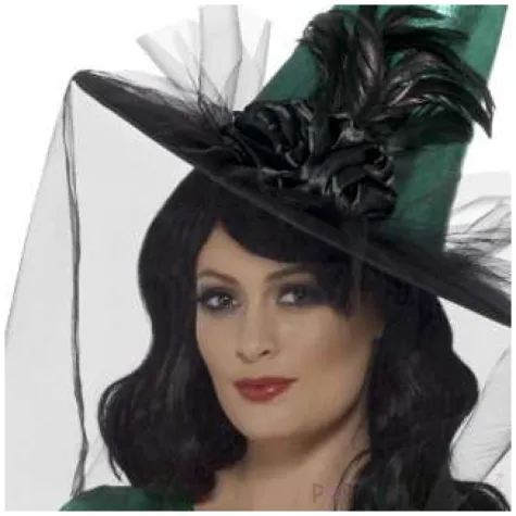 kapelusz czarownica deluxe welon z piorem zielony smiffys
