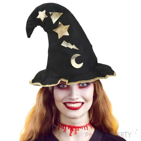 kapelusz czarownicy zlote gwiazdki czarny godan