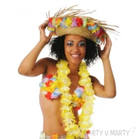 kapelusz hawajski pleciony z kwiatami aster