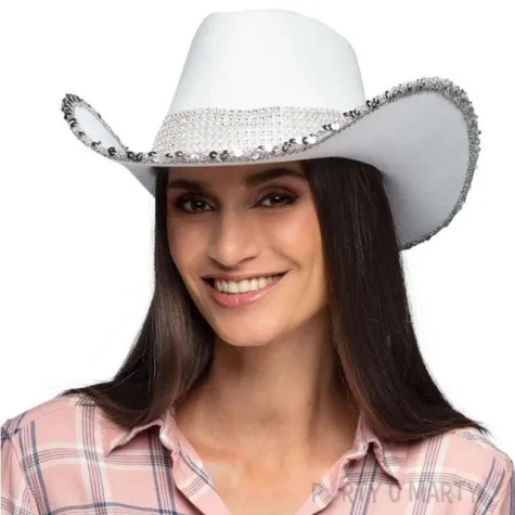 kapelusz kowboj cekiny bialy boland