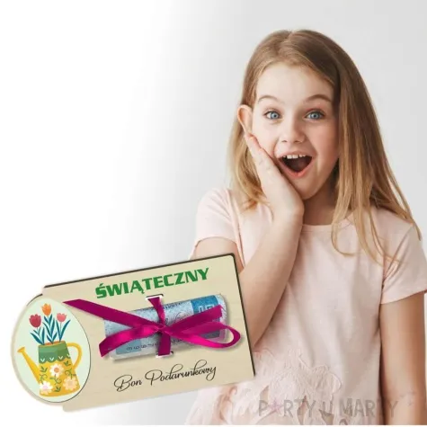 karnet kwiatki bon podarunkowy drewniana 125x65 mm