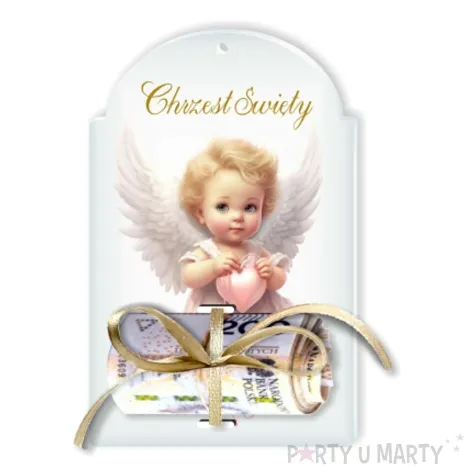 karnet na banknot chrzest swiety aniol serduszko 100x65 mm