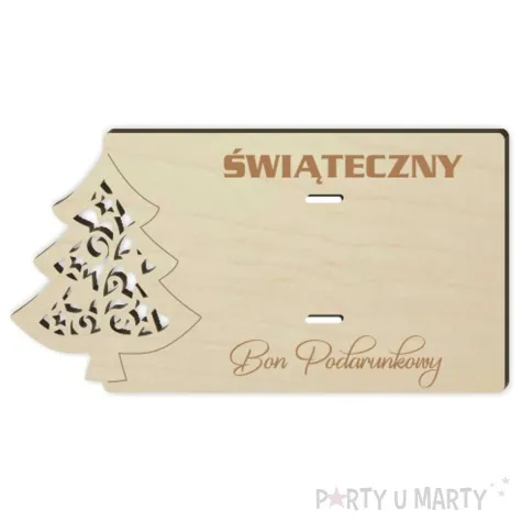 karnet swiateczny bon podarunkowy z choinka drewniana 125x65 mm