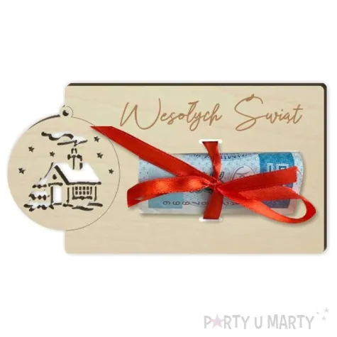 karnet wesolych swiat z bombka drewniana 125x65 mm