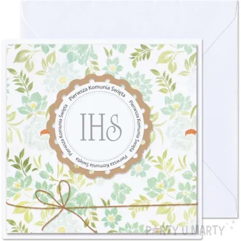 kartka okolicznosciowa ihs pierwsza komunia swieta kwiaty i liscie biala paw 15 4 x 15 4 cm