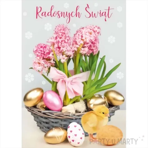 kartka okolicznosciowa laurka wielkanocna koszyk i pisanki z kwiatami swiecka maki 11 7 x 16