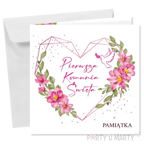 kartka okolicznosciowa rozowe serce prezent pamiatka na komunie swieta 15x15 cm