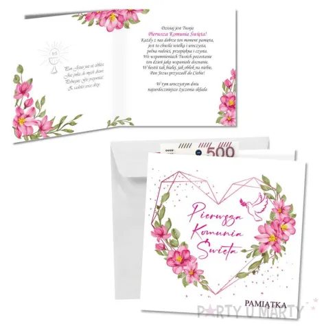 kartka okolicznosciowa rozowe serce prezent pamiatka na komunie swieta 15x15 cm