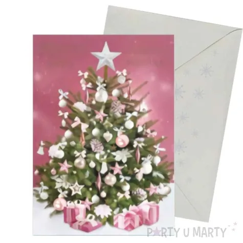 kartka okolicznosciowa z oplatkiem wesolych swiat choinka rozowa maki b6