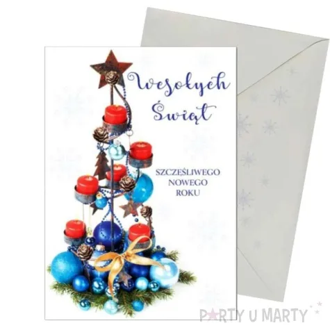 kartka okolicznosciowa z oplatkiem wesolych swiat choinka z bombek maki b6