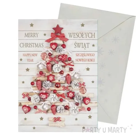 kartka okolicznosciowa z oplatkiem wesolych swiat choinka z bombek maki b6