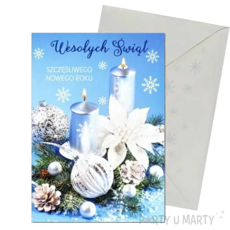 kartka okolicznosciowa z oplatkiem wesolych swiat stroik niebieski maki b6