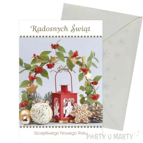 kartka okolicznosciowa z oplatkiem wesolych swiat stroik z lampionem maki b6