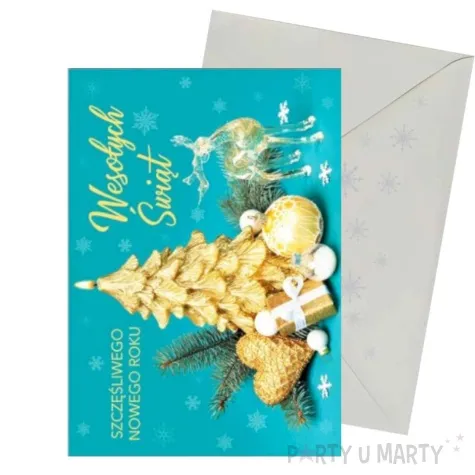kartka okolicznosciowa z oplatkiem wesolych swiat zlota choinka maki b6
