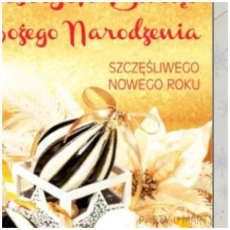 kartka okolicznosciowa z oplatkiem wesolych swiat zlote bombki w czarne pasy maki b6