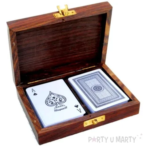 karty do gry drewniane pudelko i dwie talie kemis
