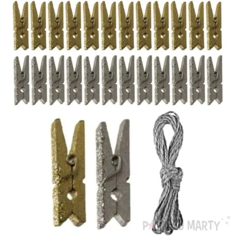 klamerki ozdobne drewniane 3 cm zloto srebrne sznurek titanum 24 szt